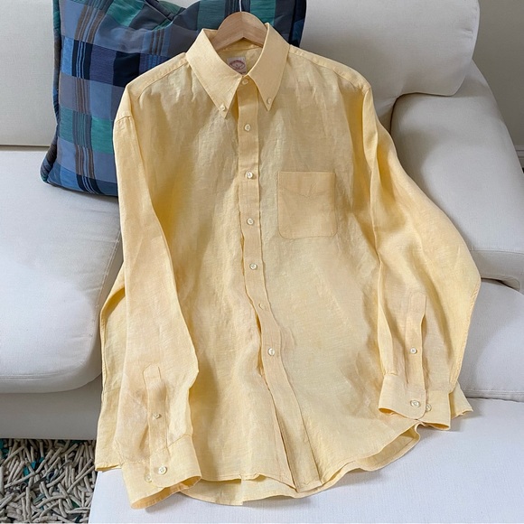 BROOKS BROTHERS 346 MEN’S 100% LINEN SHIRT YELLOW SIZE LARGE - Picture 11 of 15